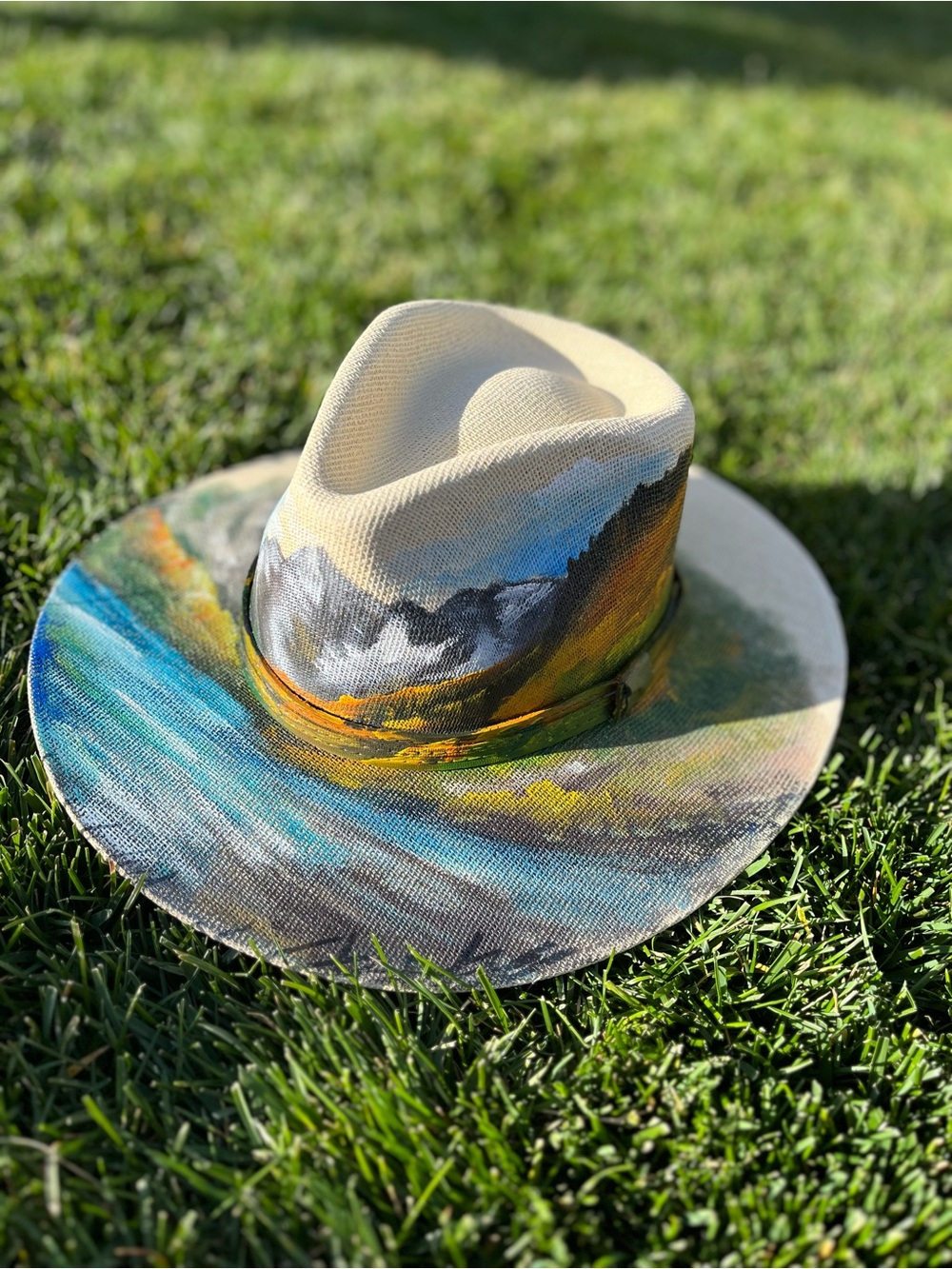 Unisex Hand-Painted Hat Mountain 🏔️ and Steam with Blue & Yellow Landscape Art